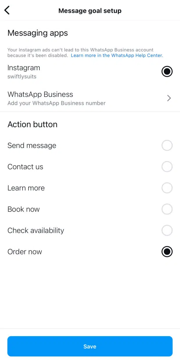 Message goal setup action button CTA