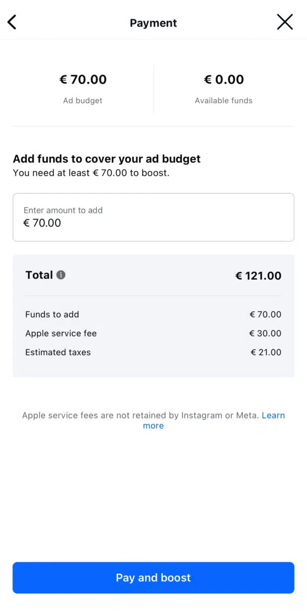 Payment add funds to cover your ad budget