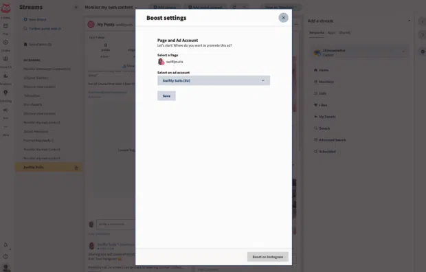 Hootsuite Streams boost settings select an Instagram page and ad account