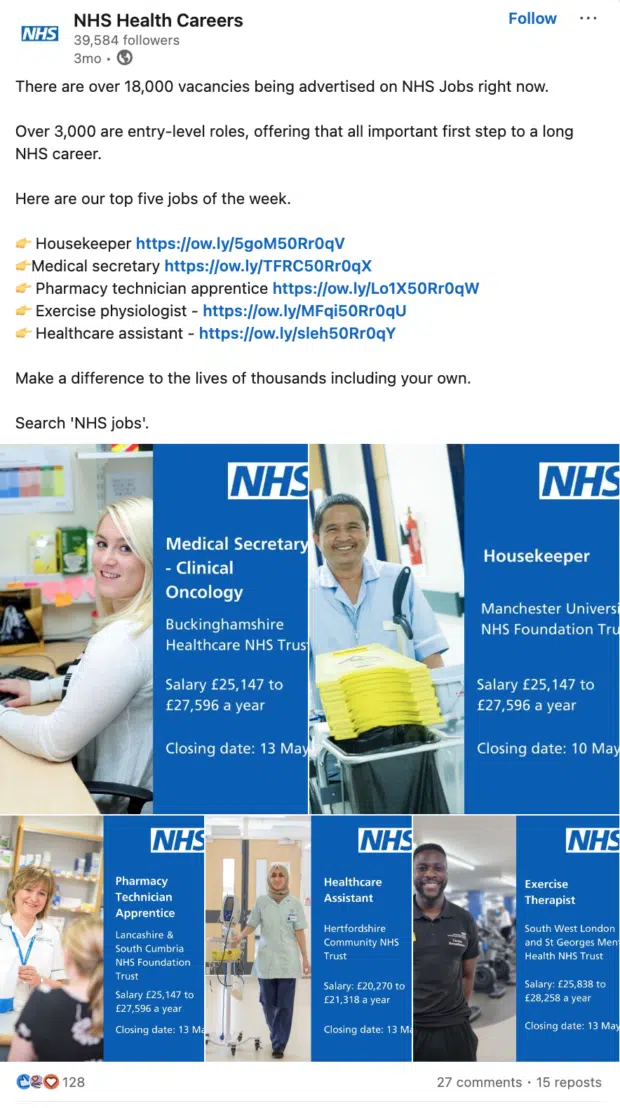 NHS Health Careers post on LinkedIn