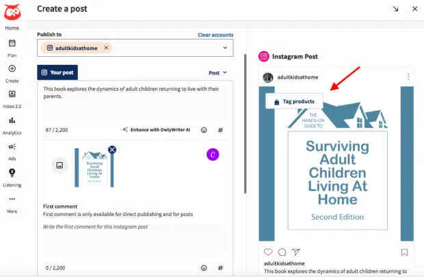 Hootsuite create and schedule Instagram post and tag products