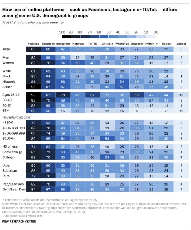 How use of some online platforms Facebook Instagram TikTok differs among US demographic groups