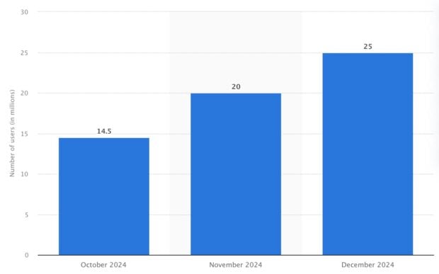 Number of Bluesky users worldwide as of December 2024 in millions