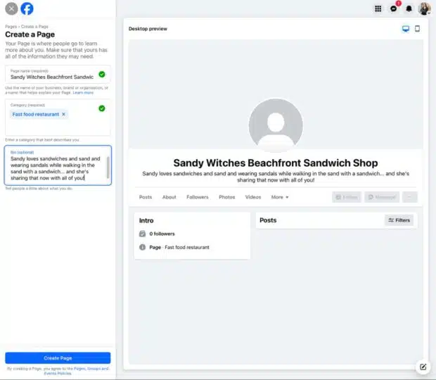Create a Facebook page with option bio