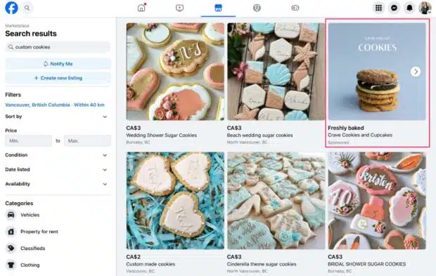 Facebook Marketplace sponsored ad freshly baked cookies