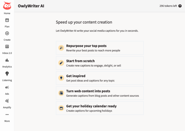 OwlyWriter AI tool for writing social copy, as seen in the Hootsuite social media management dashboard