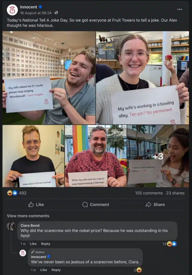Innocent Drinks Tell A Joke Day trend Facebook photos with comment replies