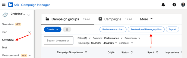 LinkedIn Ads Campaign Manager Advertise Campaign Groups