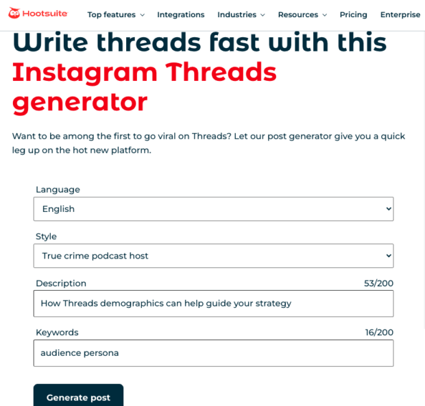 Hootsuite write threads fast with Instagram Threads generator