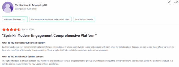 4.5 star review Sprinklr modern engagement comprehensive platform