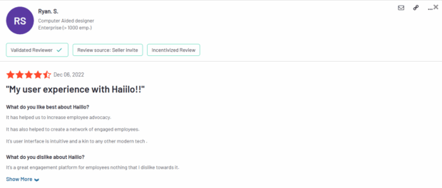 4.5 star review Haiilo user experience