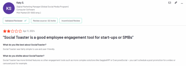 2 star review Social Toaster good employee engagement for start-ups but limited features