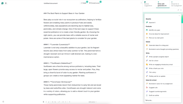 Grammarly  copy prompt best plants to support bees in garden