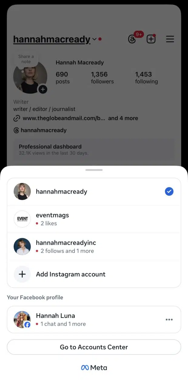 Instagram profile page with account switcher open, showing three Instagram accounts and a linked Facebook profile