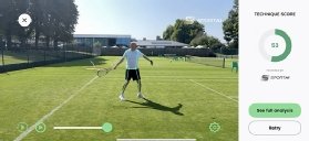 Screenshot from SportAI tennis app showing technique score and a button to click to access full analysis.