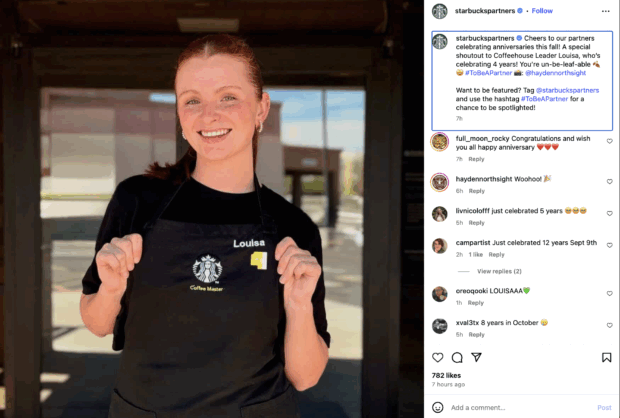 An Instagram post from Starbucks Partners celebrating anniversaries, featuring Coffeehouse Leader Louisa who is celebrating 4 years. The post encourages other partners to share their stories using #ToBeAPartner, showcasing an employee advocacy initiative.