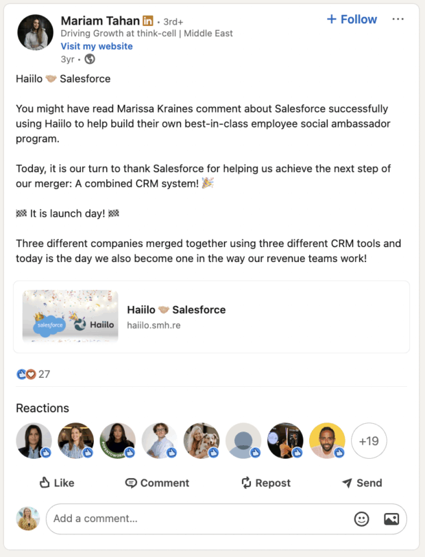 A LinkedIn post by Mariam Tahan discussing Salesforce's successful use of Haiilo to build their employee social ambassador program. The post also celebrates the launch of a combined CRM system after a merger, highlighting the role of employee advocacy in company growth.