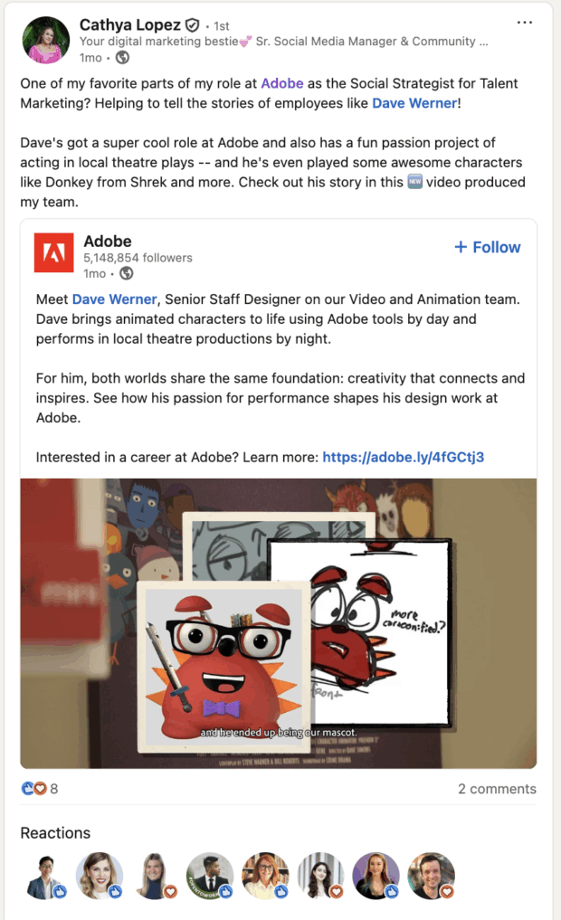 A LinkedIn post from Adobe featuring Dave Werner, a Senior Staff Designer, who also performs in local theatre. The post highlights how his passion for performance shapes his design work at Adobe, demonstrating employee advocacy through personal storytelling.