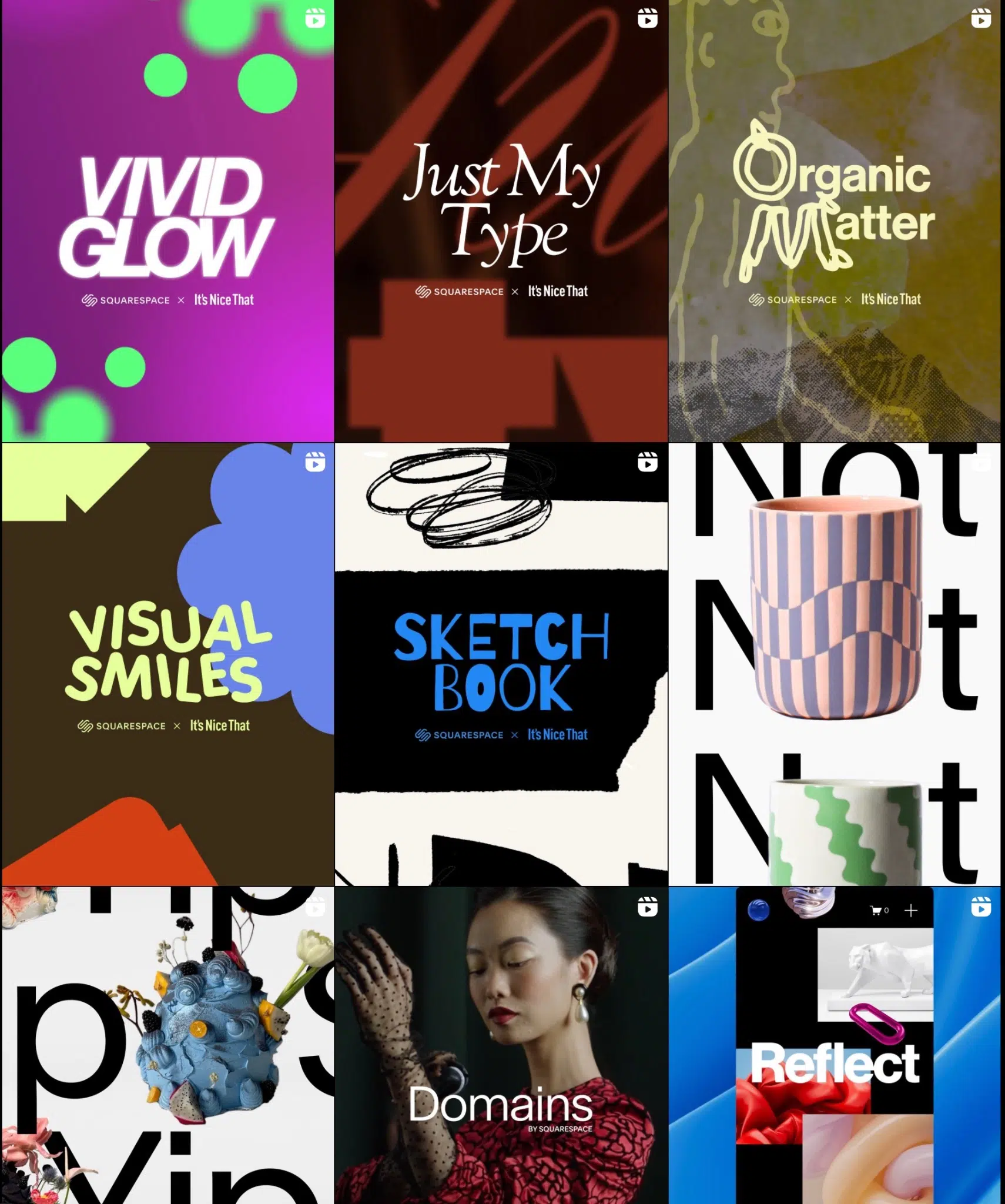 Nine-image grid of promotional content, from Instagram, showing design concepts like 'Vivid Glow' and 'Sketchbook' created by Squarespace and It's Nice That.